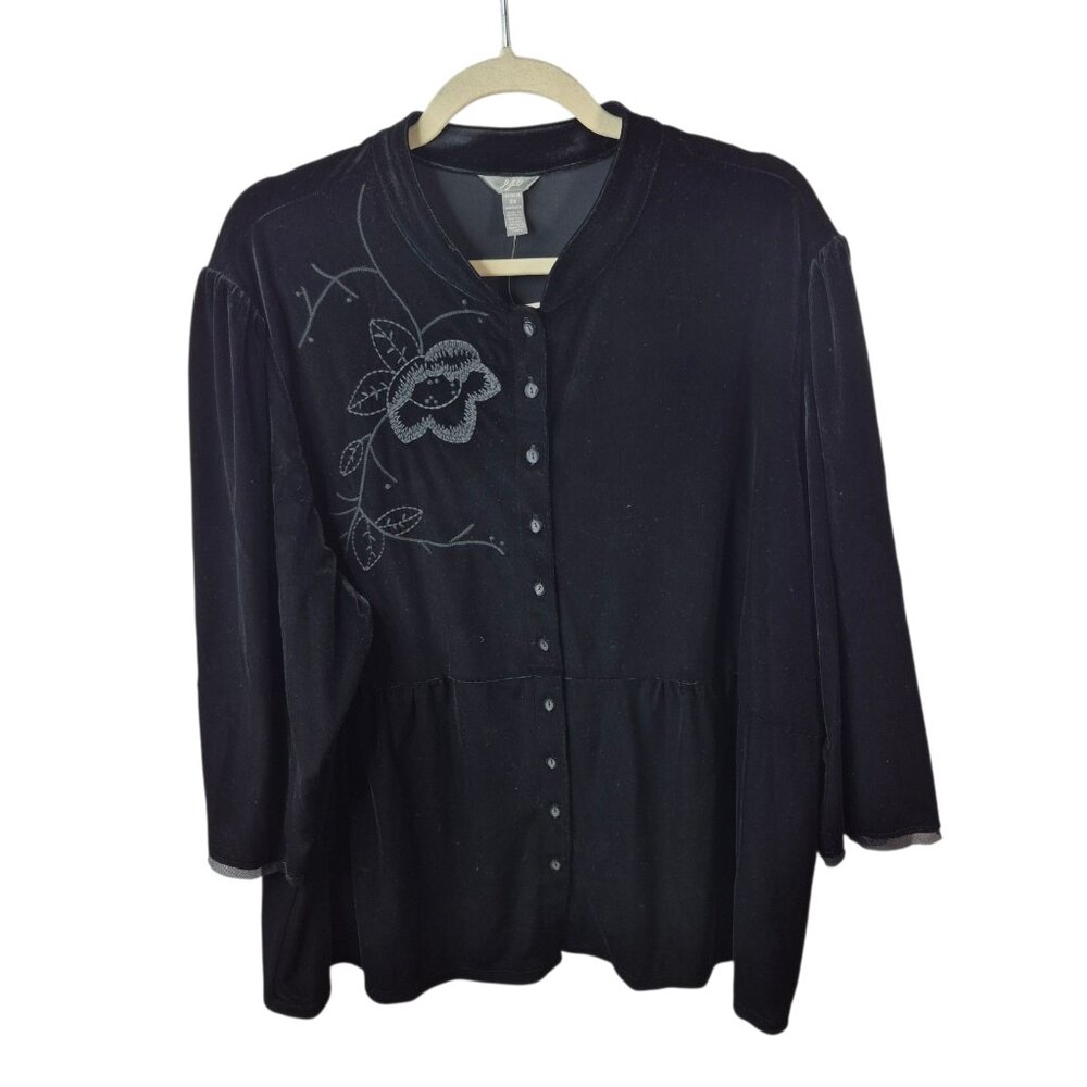 *SOLD* J Jill Top Womans 3X Black Velour Button Down Shirt Soft Embroidered - Picture 1 of 9